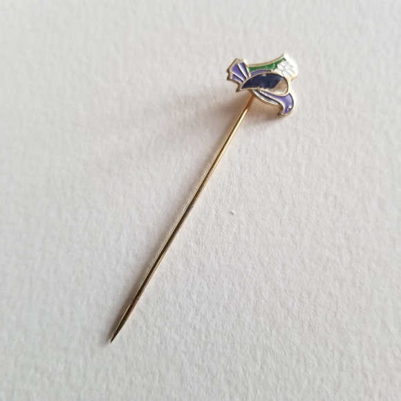 Vintage bird stickpin stick pin purple black enamel gold tone flower - Picture 3 of 8